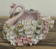 Vintage Lefton China 1960s pink  Hand Painted Porcelain Floral Swan Trinket Dish