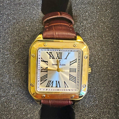 Daniel Klein Premium Square Gold Tone 29mm Silver Roman Dial Brown Leather