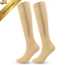 Zipper Compression Socks for Men Women-Knee High 15-20mmHg Large, Skin Color