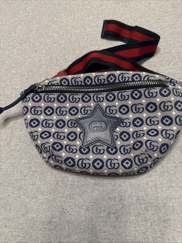 Authentic Gucci GG Logo Blue Star Design Web Adj Strap Belt Bag Waist Purse