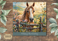 HOR 075 Horse Birthday Card Horse at Meadow Fence  14.5cm