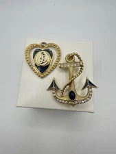 VTG Anchor Gold Tone Set Pendant & Brooch Pin Nautical Sea Navy Blue Unsigned
