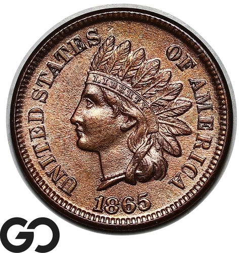 1865 Indian Head Cent Penny, Plain-5 Red Brown, Gem BU++ Better Date
