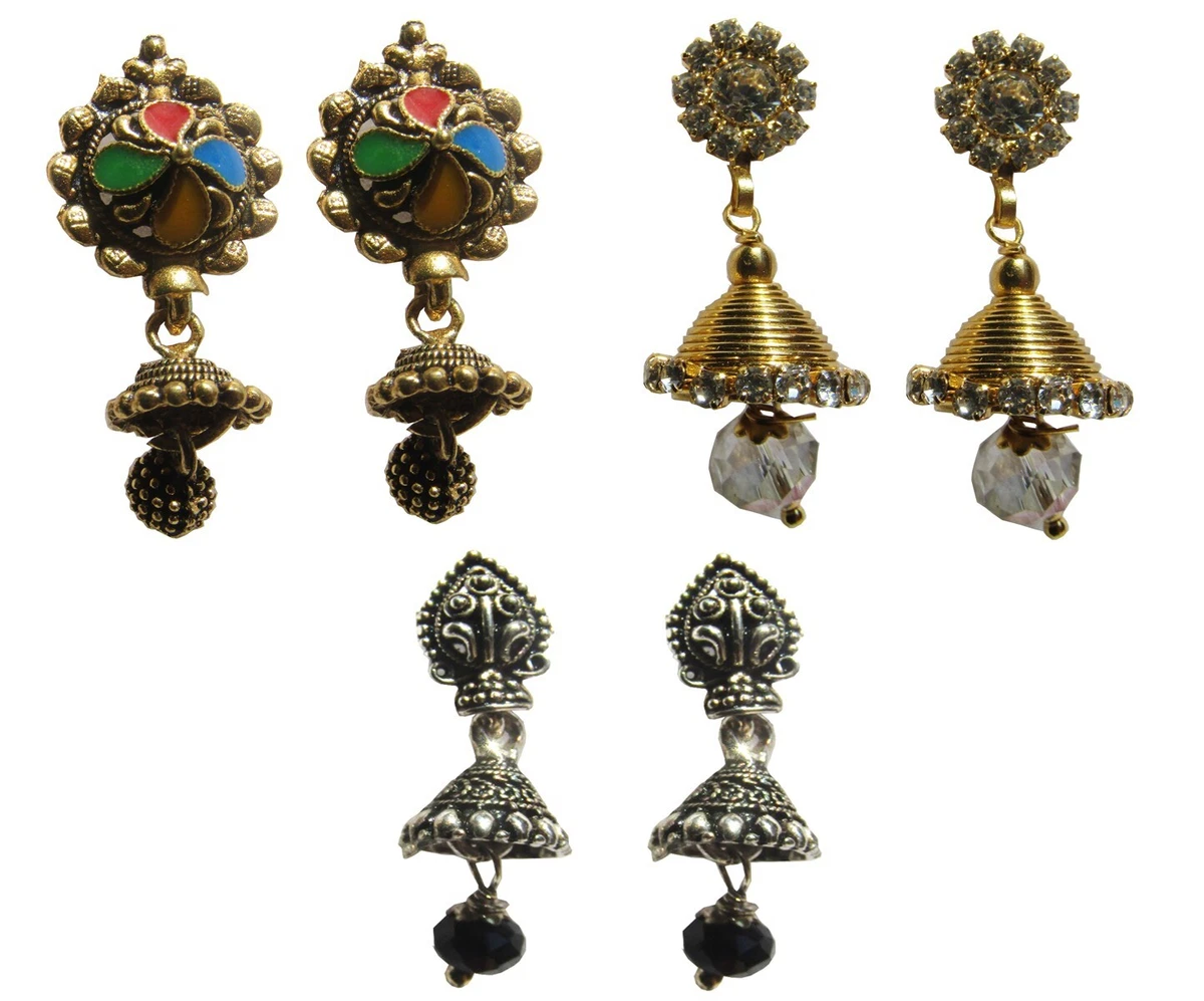 Antique Traditional Jhumki Metal Earrings For Women Fashion Jewelry. Combo Of 3