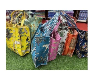 5 Pcs Assorted Mix Quilted Cotton Animal Printed Tote Bags, Market Shopping Bag