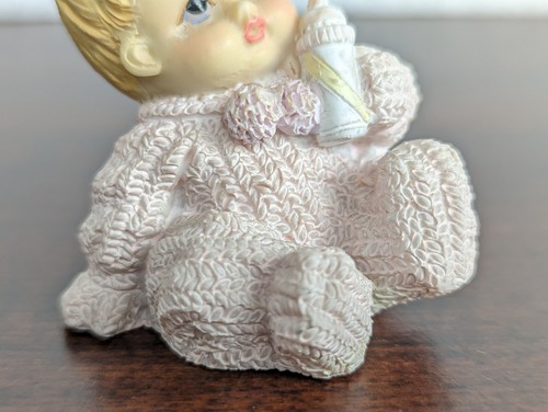 Baby Girl Figurine Textured Pink Winter Outfit Holding Bottle Bows Blonde - Picture 10 of 21