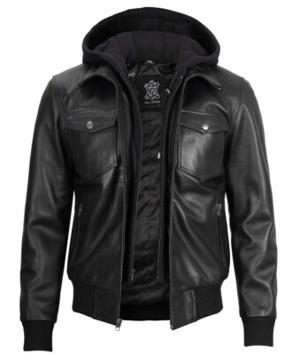 Velasco Men's Black Leather Bomber Jacket With Removable Hood