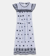 ZARA Bohemian Hippie Striped Blue Embroidered Midi Bloggers Pleated Dress Size L
