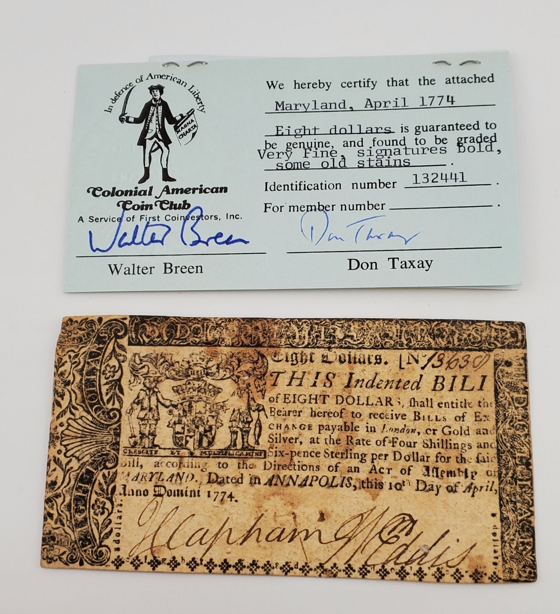 1774 Maryland $8 Bill Colonial Currency With Breen & Taxay Cert