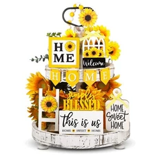 FairySandy 11 Pcs Sunflower Tiered Tray Decor Set Home Sweet Home Farmhouse T...