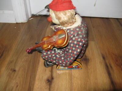 VTG ALPS 1950's BATTERY OPERATED HAPPY FIDDLER VIOLIN CLOWN TIN