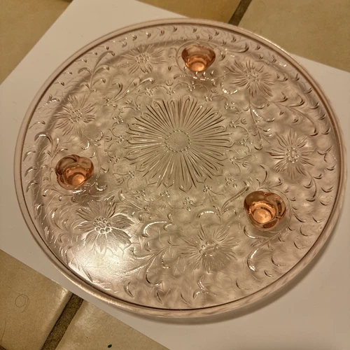 Vintage U.S. Glass Cake Plate Stand Shaggy Rose Pink Depression Footed 10" D