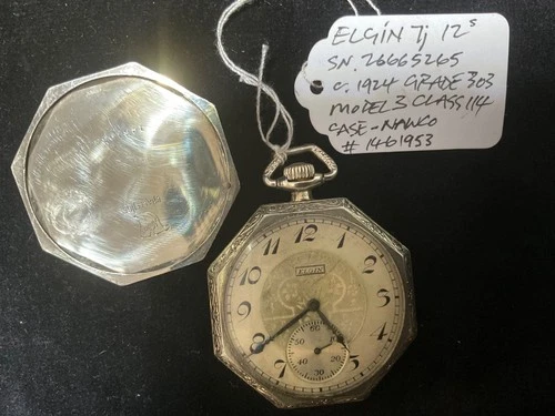Vintage 1924 Elgin 12s 7j Grade 303 Fancy Octagonal Case