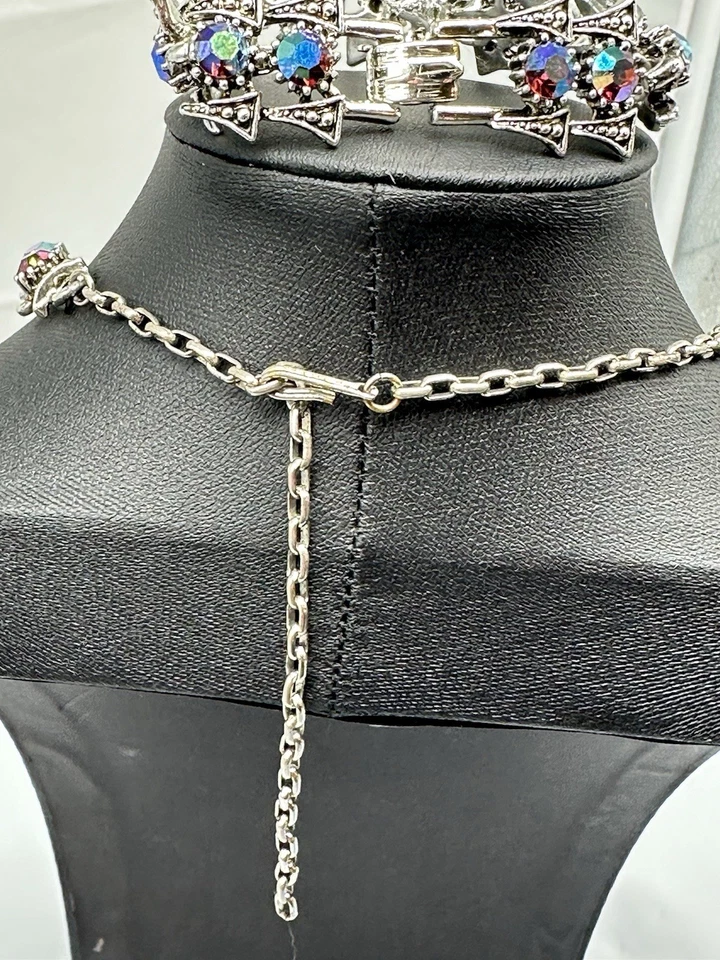 "Collar vintage de diamantes de imitación púrpura/verde iridiscente, juego de pulsera tono plata 16""" Foto 2 de 4