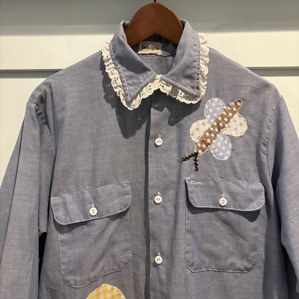 Camisa De Colección Neiman Marcus Chambray Apliques Grandes Granja Guinga Pradera Cottagecore Foto 4 de 4
