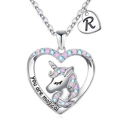 Unicorn Necklace Gifts - 14K White Gold Plated Cubic Zirconia Heart Pendant Unic