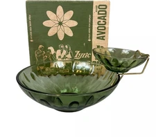 Vintage Hazelware Lyric Chip and Dip Bowl Set 3 Pc Avocado Glass & Box MCM A1