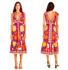 FARM Rio Floral Tapestry Midi Dress Pink Tie Shoulder Sleeveless L NWT