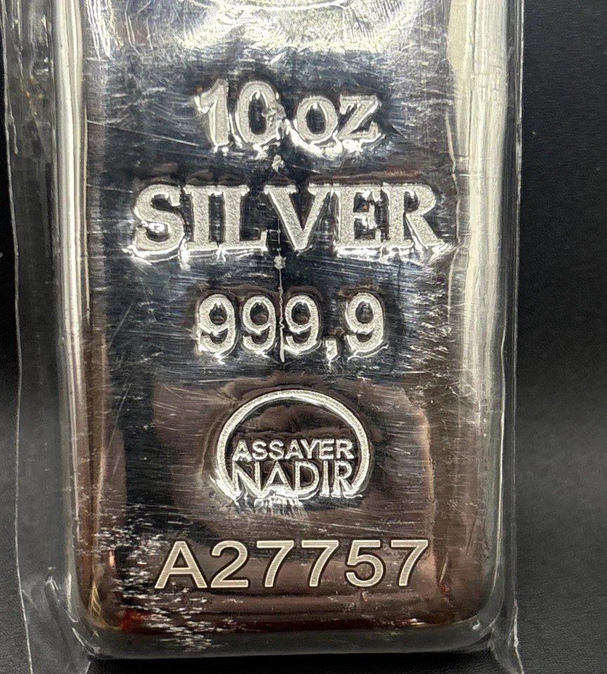 Barra de plata de 10 onzas - Refinería de metal Nadir - 999,9 fina - Certificado presente Foto 2 de 3