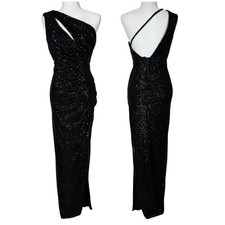 Mac Duggal NWT Black Sequin One Shoulder Maxi Gown Cutout Bust Side Slit Size 2