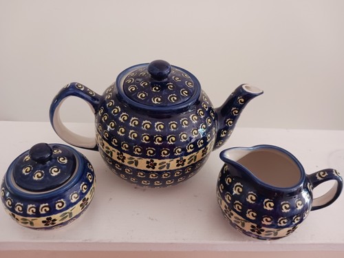 Boleslawiec Polish Pottery Teapot Set - Hand Painted Poland Peacock /Floral - Picture 10 of 14