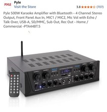 Pyle PTA44BT 4-Channel 500W Bluetooth Stereo Receiver Amp FM USB AUX Black