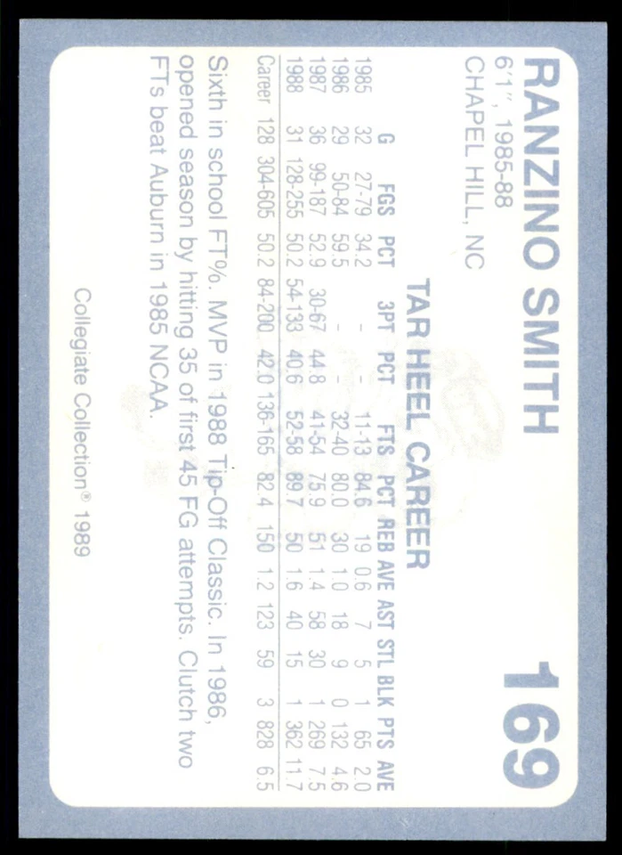 1989-90 Collegiate Collection North Carolina's Finest Ranzino Smith North - Image 2 of 2