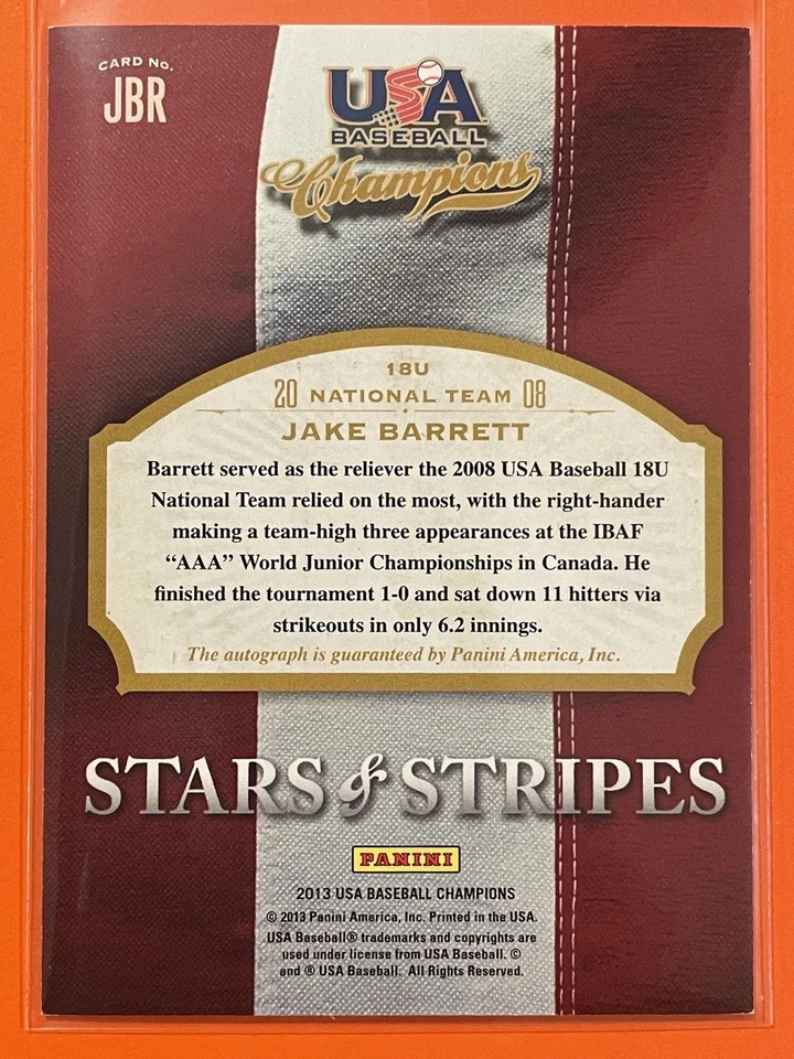 2013 Panini USA Baseball Champions Jake Barrett Stars & Stripes Auto /855 #JBR - Image 3 of 3