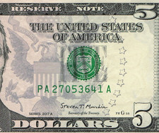Complete Broken Ladder 0-7 Fancy Serial Number Five Dollar Bill PA27053641A