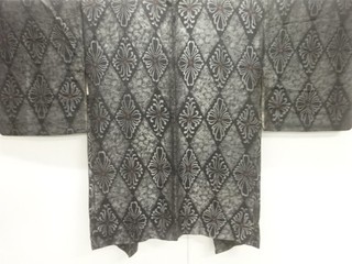 44030# JAPANESE KIMONO / ANTIQUE HAORI / SILK / WOVEN RHOMBUS & FLOWER