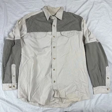 Vintage Cabelas Shooting Shirt Button Down Mens L Khaki Beige Hunting Patch