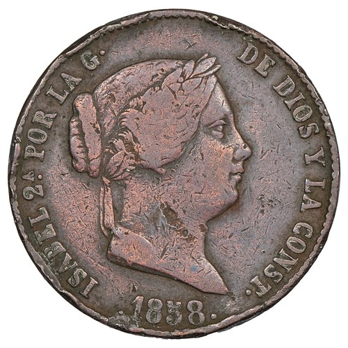 Espagne - 25 centimos 1858 - Isabelle II - cuivre - Ségovie - KM.615.2 - Cal.593 - Bild 1 von 2