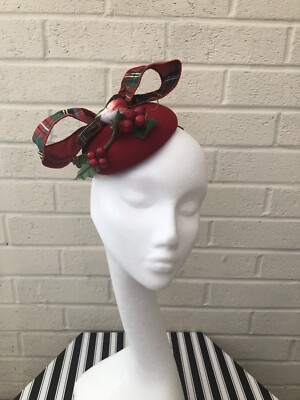Doll's Mad Hattery Red Tartan Cocktail Hat Christmas Fascinator