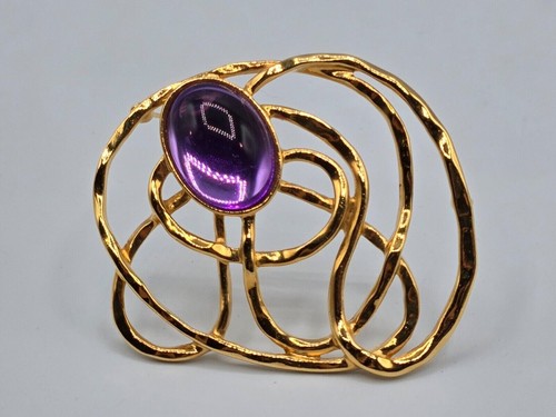 Vintage Avon Golden Web Earrings & Brooch Set W/ Faux Amethyst Cabochon Abstract - Picture 5 of 10