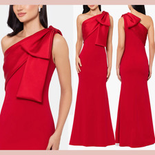 NWT 269 Betsy  Adam  10  One Shoulder Satin Bow Crepe Mermaid Gown Red J770