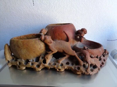 ANCIENNE PIERRE DE LARRE PORTE PINCEAUX DECOR DE CHIEN OISEAUX CHINE - Photo 1/4