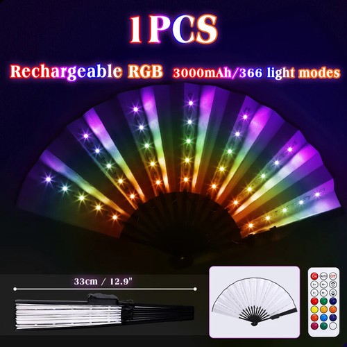 LED Glowing Folding Fan RGB Colorful Fan Night Light Show Dancing Glow Festival - Picture 25 of 28