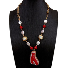 Collana girocollo 21" moneta bianca perla conchiglia di mare bianca ciondolo ramo corallo rosso