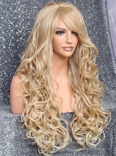 Lange Echthaar Mischung Vollperücke Hitze OK Lockig Blond Mix 27-613 Neu mit Etikett WBT - Bild 4 von 9