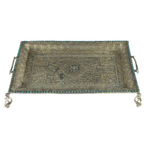 Antique Mughal Silver Gilt Betel Pandan Tray, Turquoise Stones, India – 1750 - Picture 3 of 12