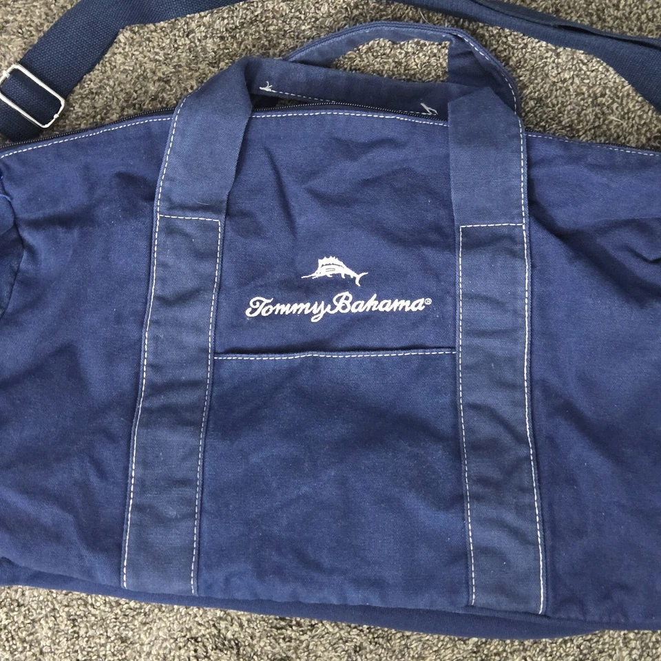 Tommy Bahama Canvas Overnight Duffel Tote Bag Blue White Marlin 18" x 13 x 10 - Image 2 of 4