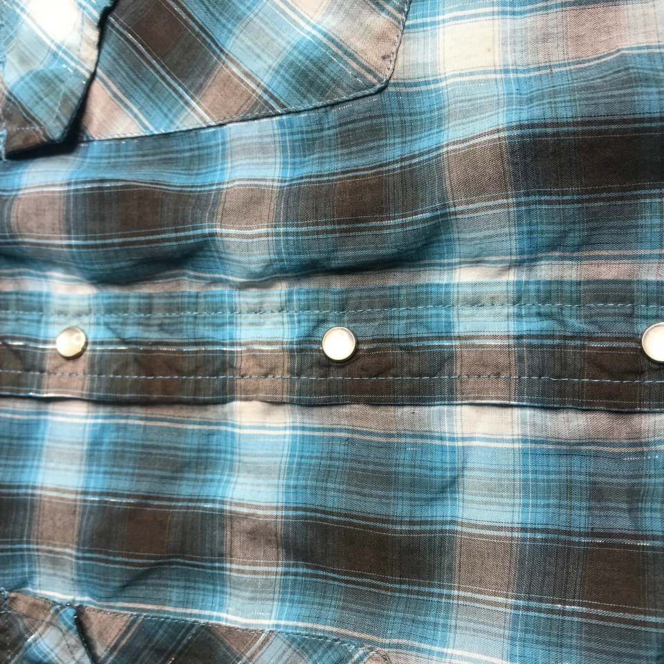 Plains Western Aqua & Black Size XL snap front silver metallic stitching plaid - Image 2 of 4