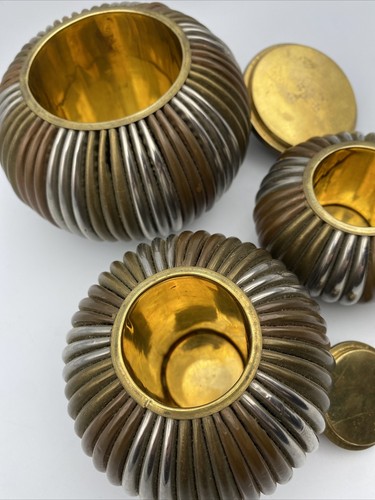 Vintage Midcentury Brass, Copper & Chrome Lidded Trinket Containers Set Of 3 - Picture 8 of 12