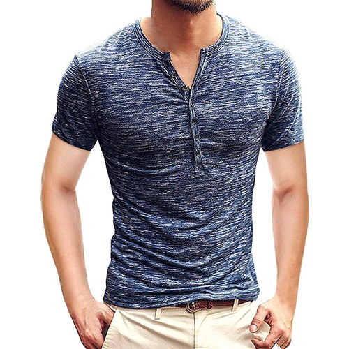 Mens Button Henley V Neck T-Shirt Stretch Top Tee Shirt Short Sleeve Slim Muscle - Picture 20 of 20