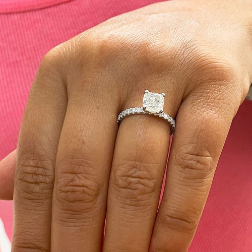 14K SOLID WHITE GOLD CUSHION CUT SIMULATED DIAMOND ENGAGEMENT RING HALO 1.75CT - Picture 4 of 12