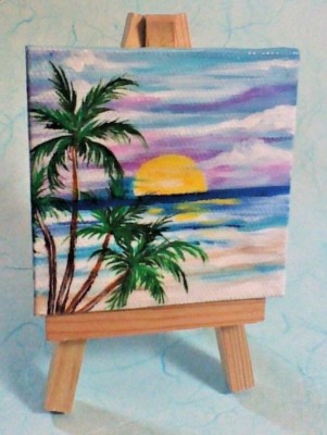 Hand painted Sunset beach on little canvas Original painting with easel Small painting Summer painting for decor Palm trees sunset scene