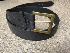 Unisex Western Black Genuine Leather Embossed Belt Size 46