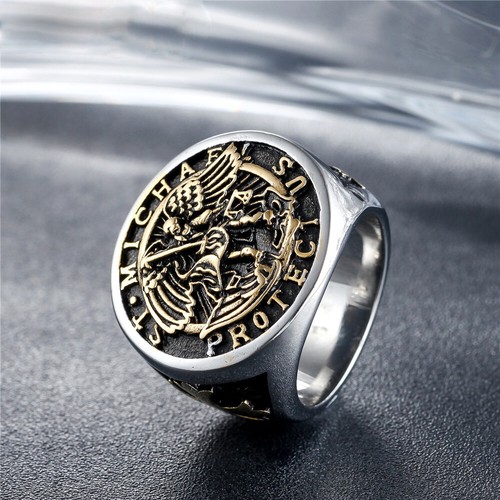 Angel St. Michael Protect Us Ring Stainless Steel Vintage Cross Signet Punk Ring - Picture 2 of 3