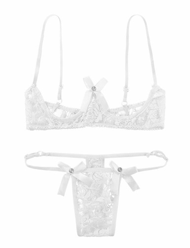 Damen Sexy BH Offene Brust Büstenhebe Spitze Sheer Bra mit Thong Unterwäsche Set - Picture 65 of 102