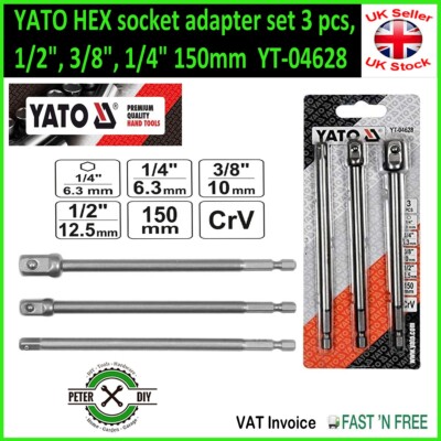 YATO SECHSKANT Steckschlüssel Adapter Set 3 Stück, 1/2'''', 3/8'''', 1/4'''' 150 mm YT-04628